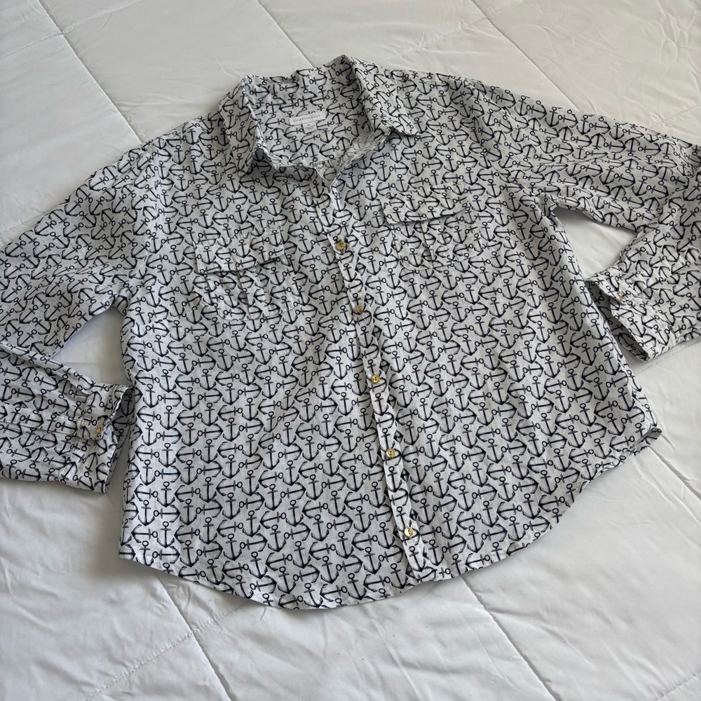 CHARTER CLUB 100% Linen Anchor Print Shirt Button up Long Sleeve